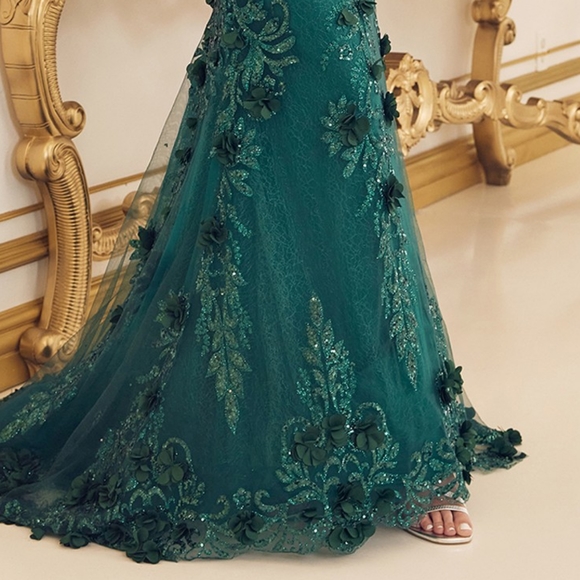 Emerald fitted beaded glitter floral sleeveless long open back dress - Picture 5 of 10